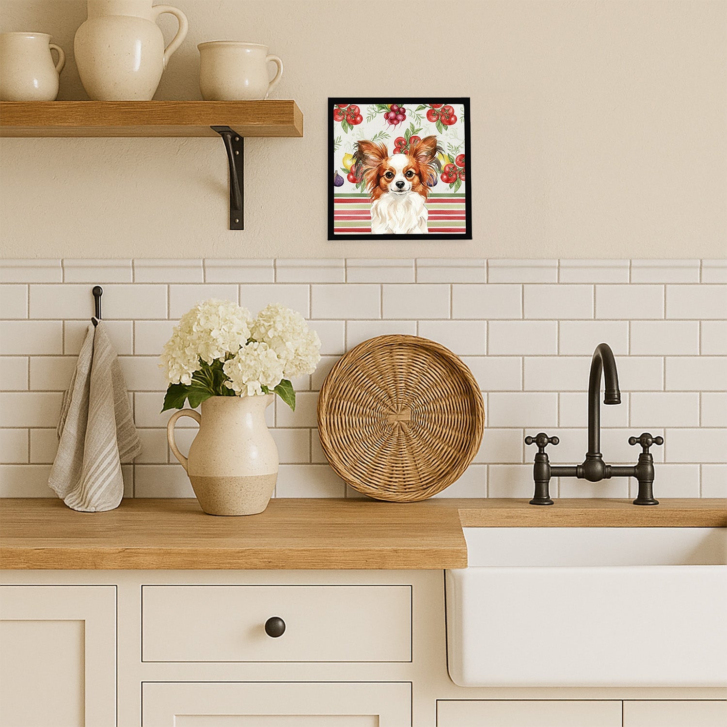 White with Red Papillon Vegetables Framed Metal Print Bathroom, Kitchen, Office, Home Decor Wall Art Ready to Hang, Square, 8X8