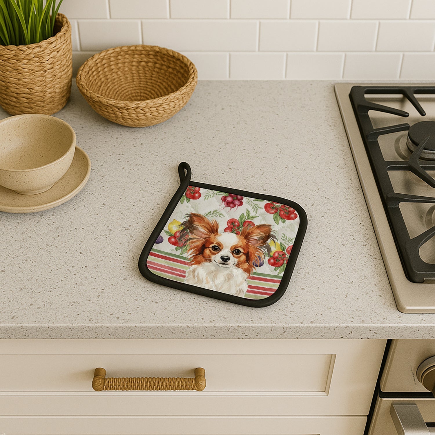 White with Red Papillon Vegetables Pot Holder Set of 2 Heat Resistant Quilted Hot Pads 7.5 x 7.5 Inch, Insulated Kitchen Trivets for Cooking & Baking
