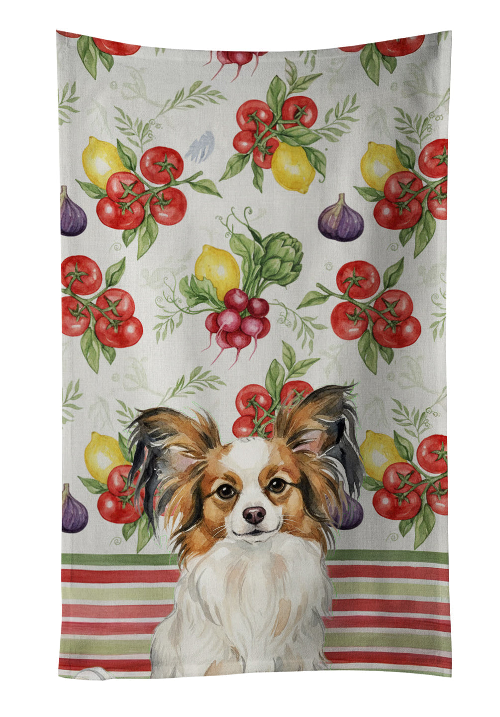 White with Sable Papillon Vegetables Kitchen Towel Velour Plush Front and Cotton Loop Back Machine Washable