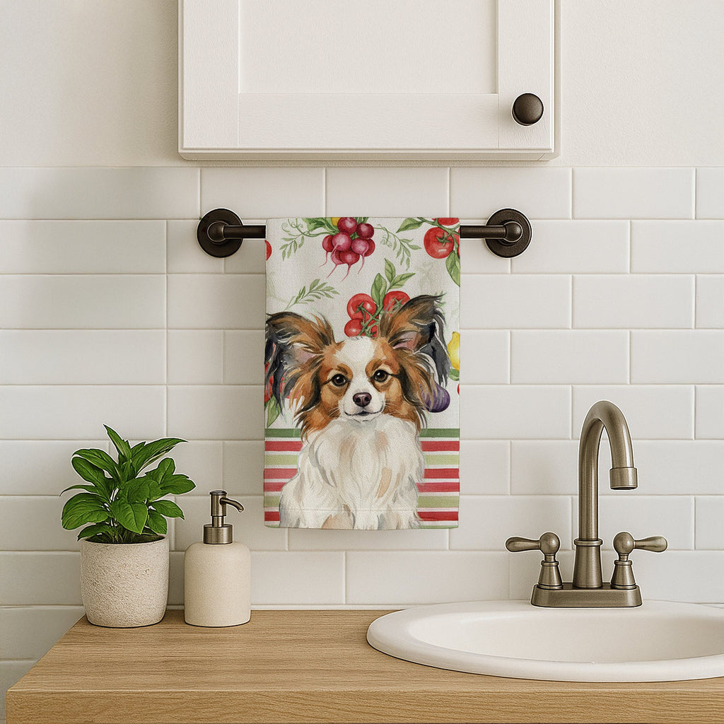 White with Sable Papillon Vegetables Kitchen Towel Velour Plush Front and Cotton Loop Back Machine Washable