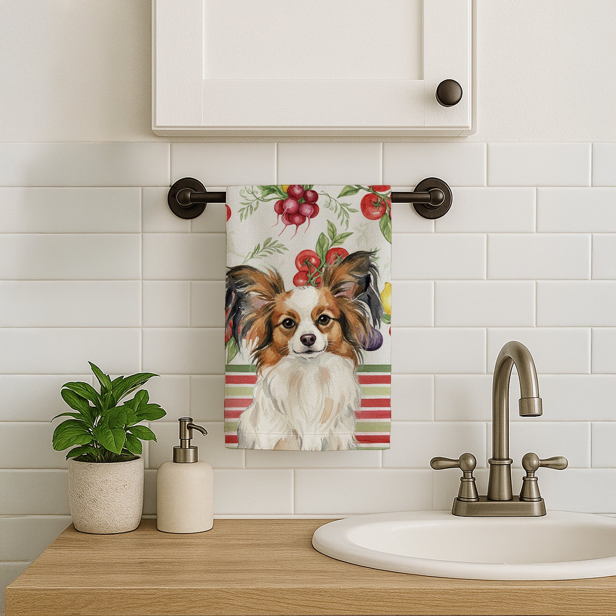 White with Sable Papillon Vegetables Kitchen Towel Velour Plush Front and Cotton Loop Back Machine Washable
