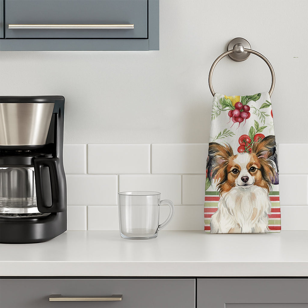 White with Sable Papillon Vegetables Kitchen Towel Velour Plush Front and Cotton Loop Back Machine Washable