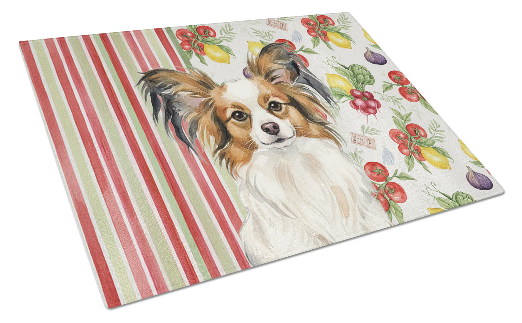 White with Sable Papillon Vegetables Cutting Board Tempered Glass Kitchen Cutting Surface, Heat Resistant Chopping, Non-Slip Feet, Food Prep & Serving