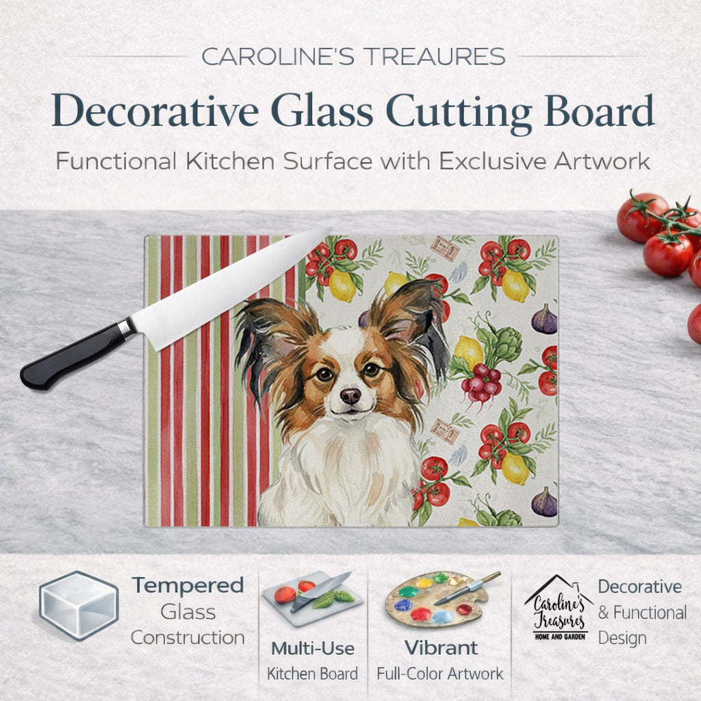 White with Sable Papillon Vegetables Cutting Board Tempered Glass Kitchen Cutting Surface, Heat Resistant Chopping, Non-Slip Feet, Food Prep & Serving