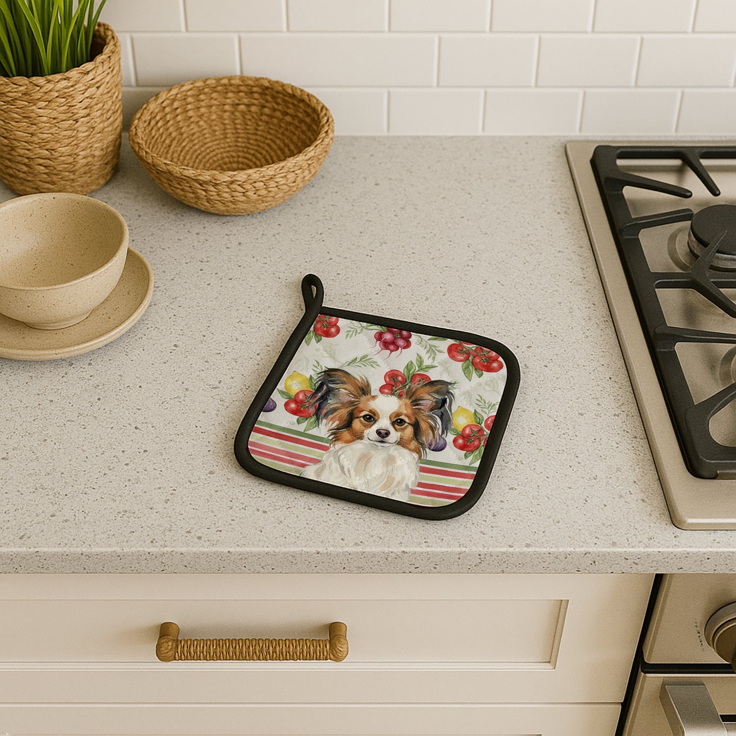 White with Sable Papillon Vegetables Pot Holder Set of 2 Heat Resistant Quilted Hot Pads 7.5 x 7.5 Inch, Insulated Kitchen Trivets for Cooking & Baking