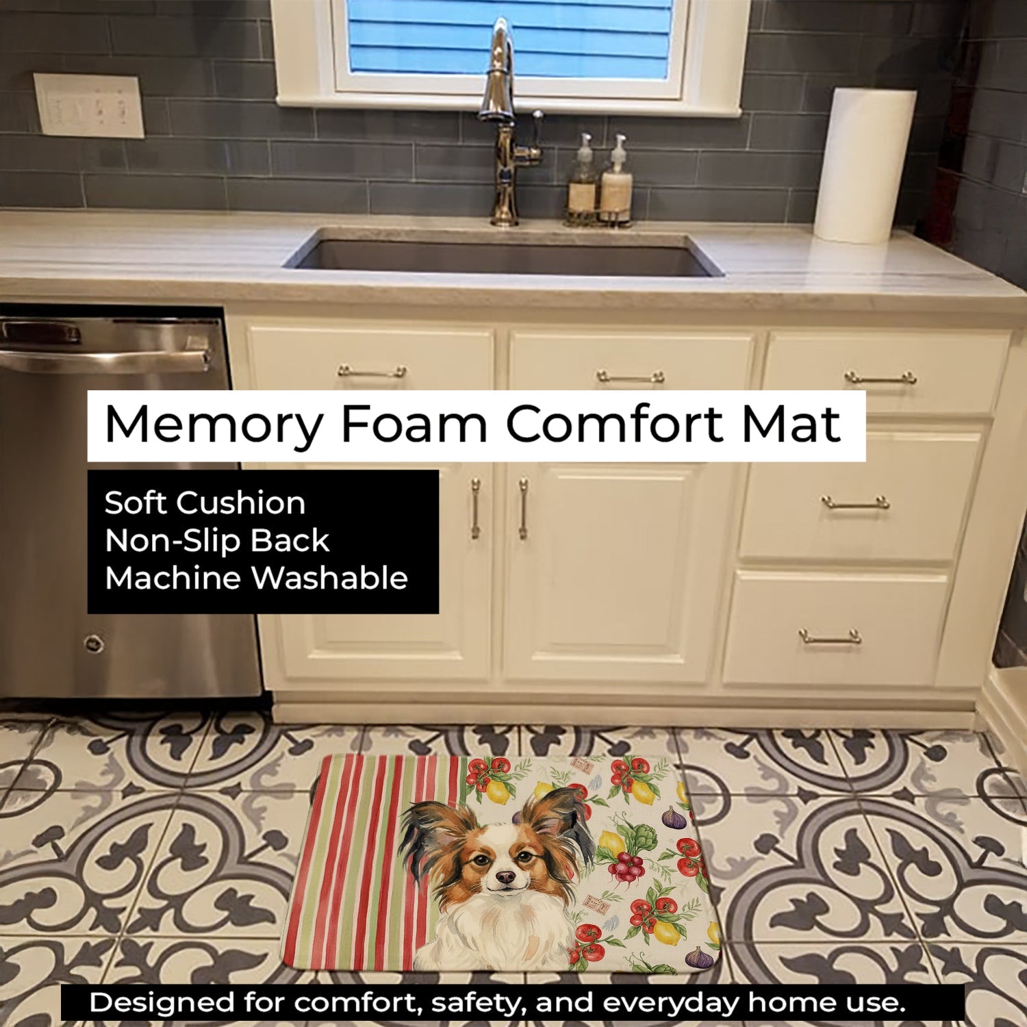 White with Sable Papillon Vegetables Memory Foam Kitchen Mat Machine Washable Anti-Fatigue Cushion Comfort Bath or Kitchen Rug