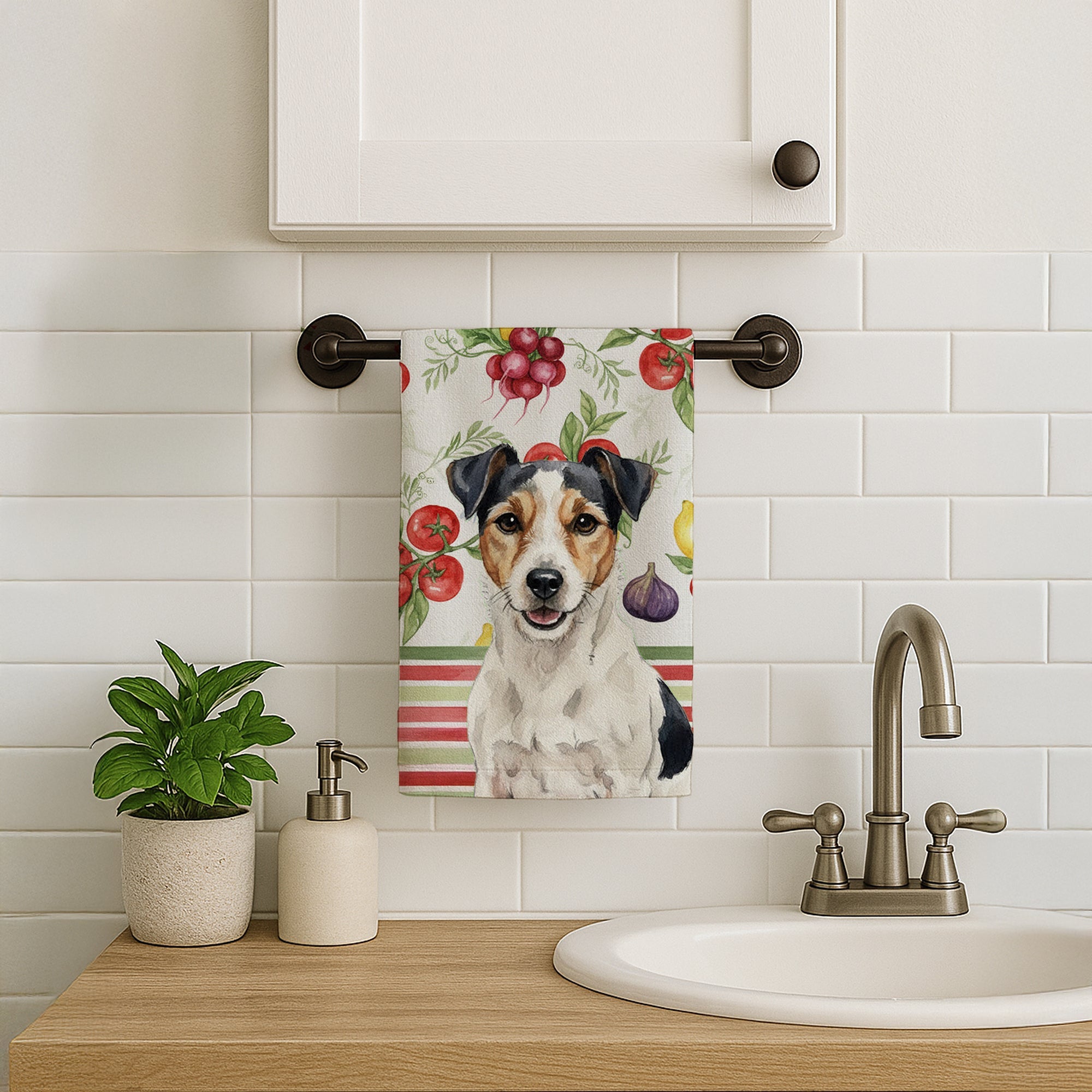 Parson Russell Terrier Vegetables Kitchen Towel Velour Plush Front and Cotton Loop Back Machine Washable