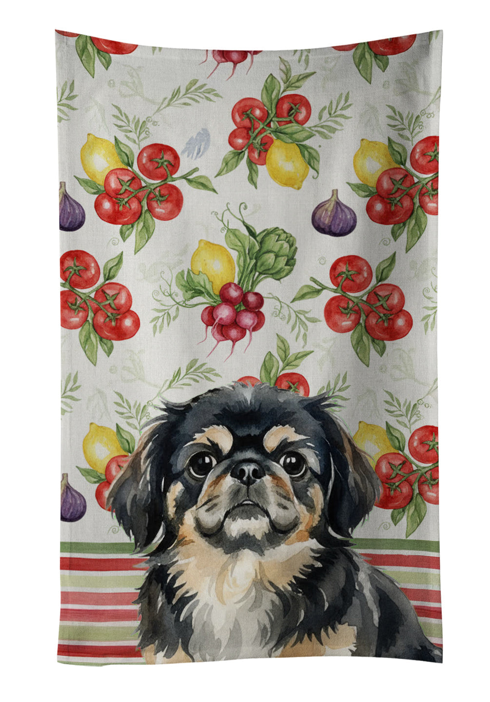 Black and Tan Pekingese Vegetables Kitchen Towel Velour Plush Front and Cotton Loop Back Machine Washable