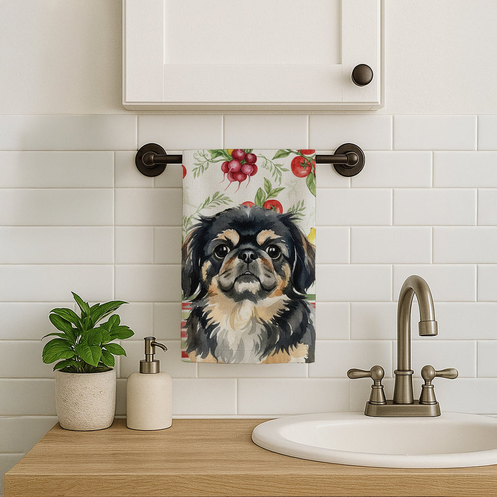 Black and Tan Pekingese Vegetables Kitchen Towel Velour Plush Front and Cotton Loop Back Machine Washable