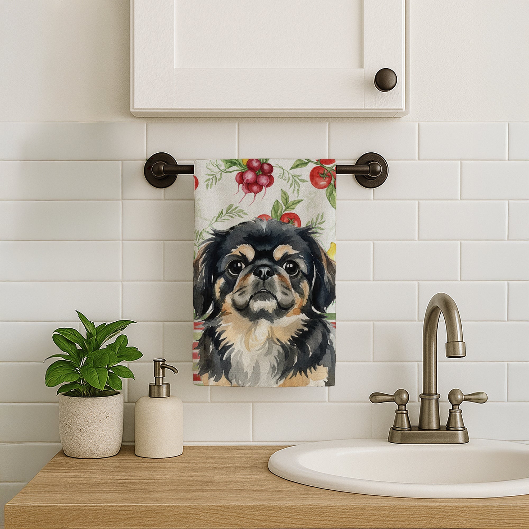 Black and Tan Pekingese Vegetables Kitchen Towel Velour Plush Front and Cotton Loop Back Machine Washable