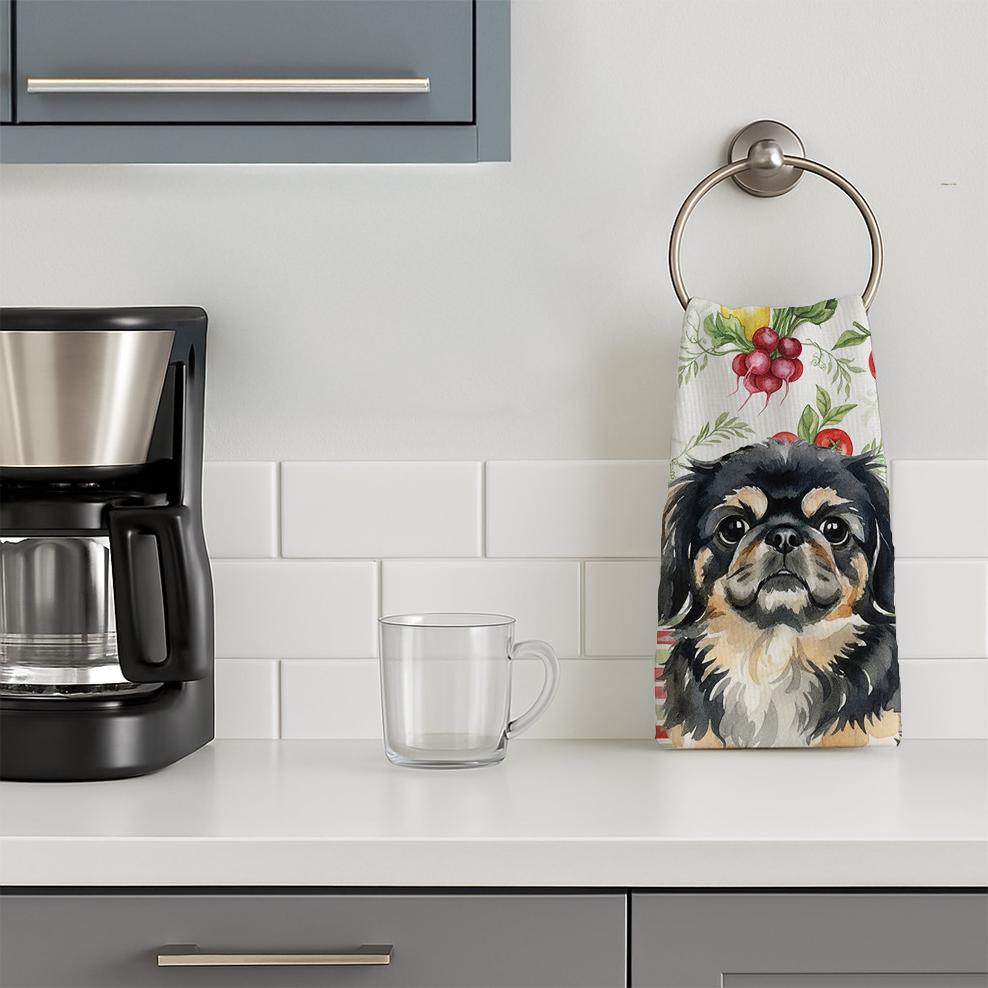Black and Tan Pekingese Vegetables Kitchen Towel Velour Plush Front and Cotton Loop Back Machine Washable