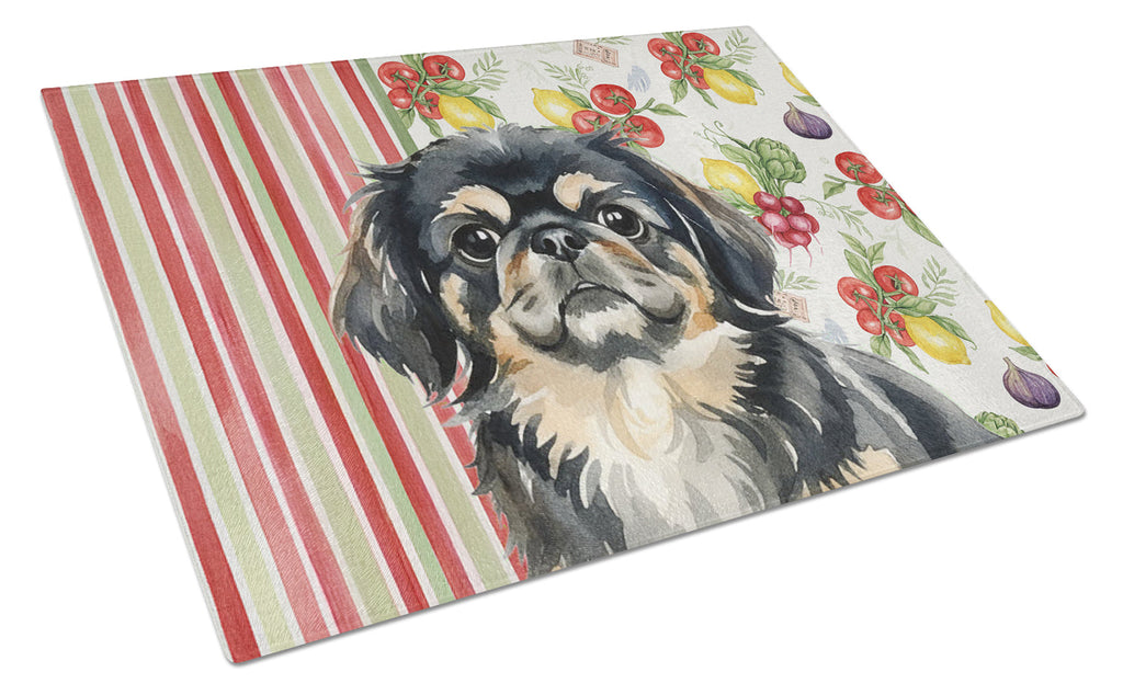 Black and Tan Pekingese Vegetables Cutting Board Tempered Glass Kitchen Cutting Surface, Heat Resistant Chopping, Non-Slip Feet, Food Prep & Serving