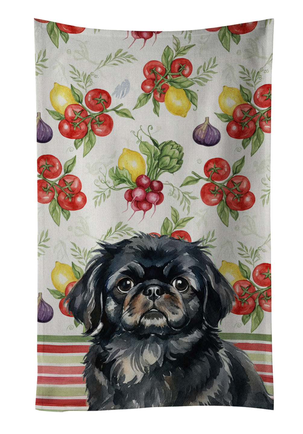 Black Pekingese Vegetables Kitchen Towel Velour Plush Front and Cotton Loop Back Machine Washable