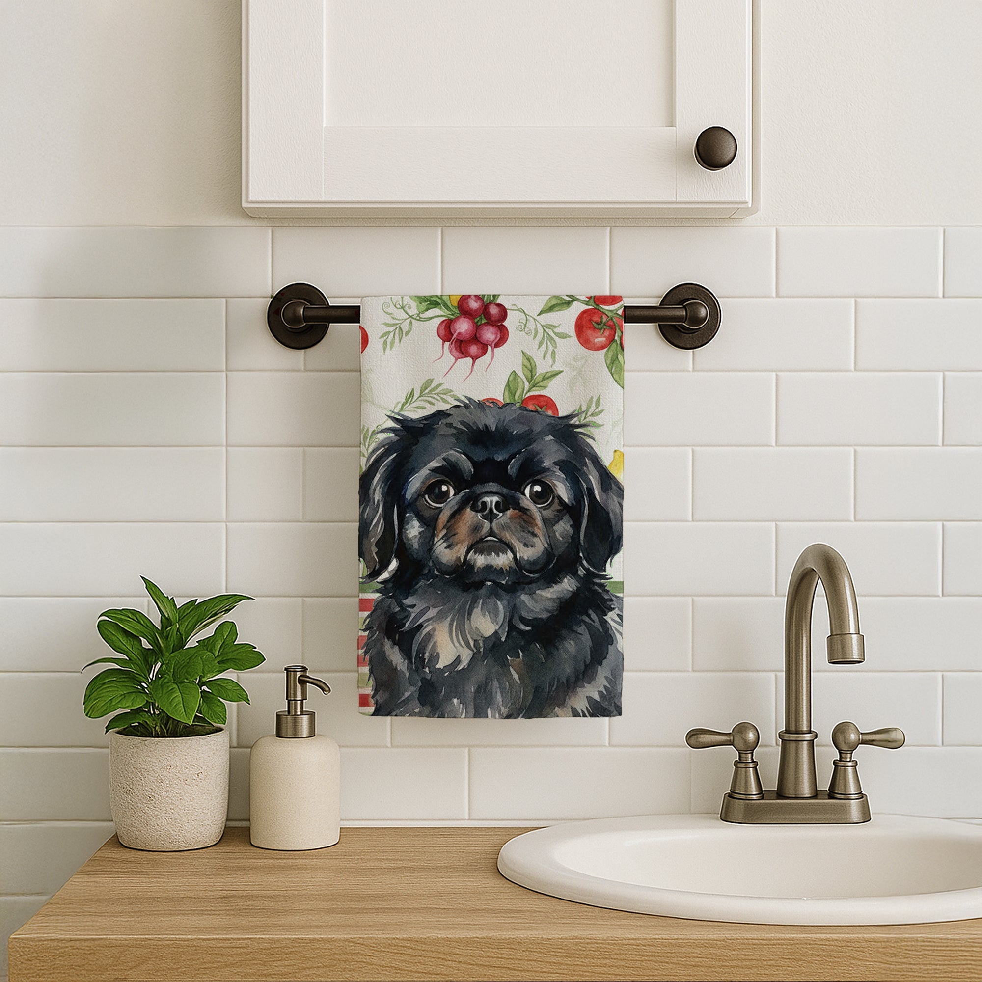 Black Pekingese Vegetables Kitchen Towel Velour Plush Front and Cotton Loop Back Machine Washable