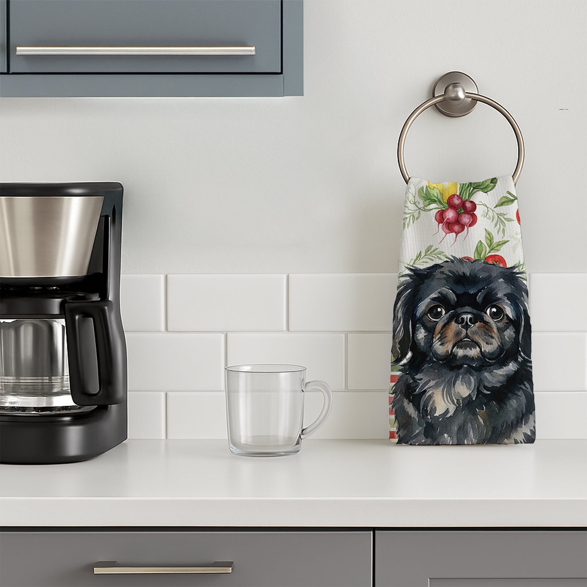 Black Pekingese Vegetables Kitchen Towel Velour Plush Front and Cotton Loop Back Machine Washable