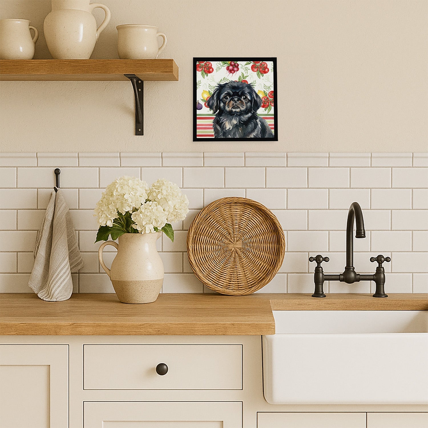 Black Pekingese Vegetables Framed Metal Print Bathroom, Kitchen, Office, Home Decor Wall Art Ready to Hang, Square, 8X8