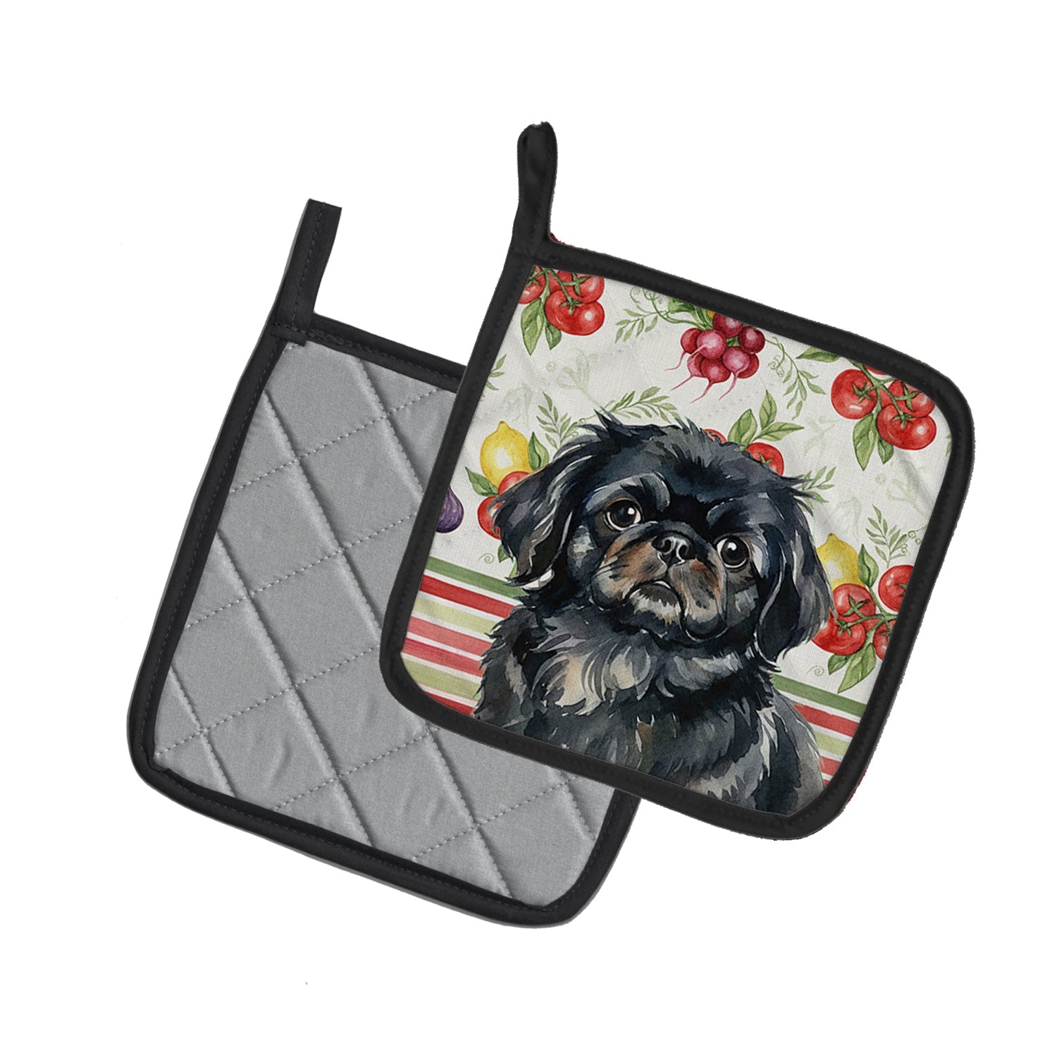 Black Pekingese Vegetables Pot Holder Set of 2 Heat Resistant Quilted Hot Pads 7.5 x 7.5 Inch, Insulated Kitchen Trivets for Cooking & Baking