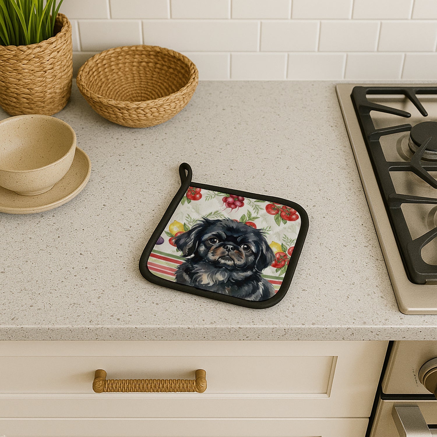 Black Pekingese Vegetables Pot Holder Set of 2 Heat Resistant Quilted Hot Pads 7.5 x 7.5 Inch, Insulated Kitchen Trivets for Cooking & Baking