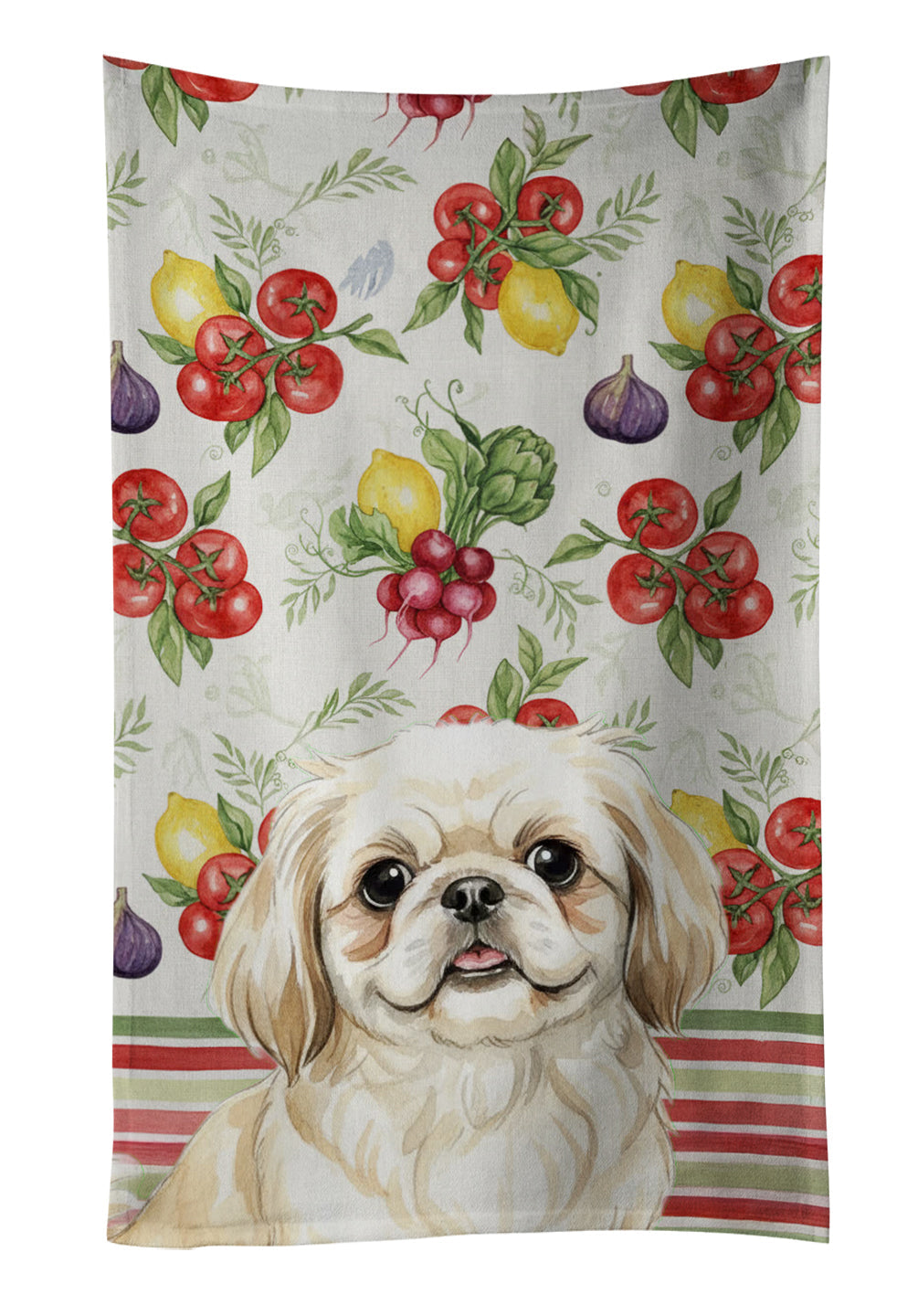 Cream Pekingese Vegetables Kitchen Towel Velour Plush Front and Cotton Loop Back Machine Washable