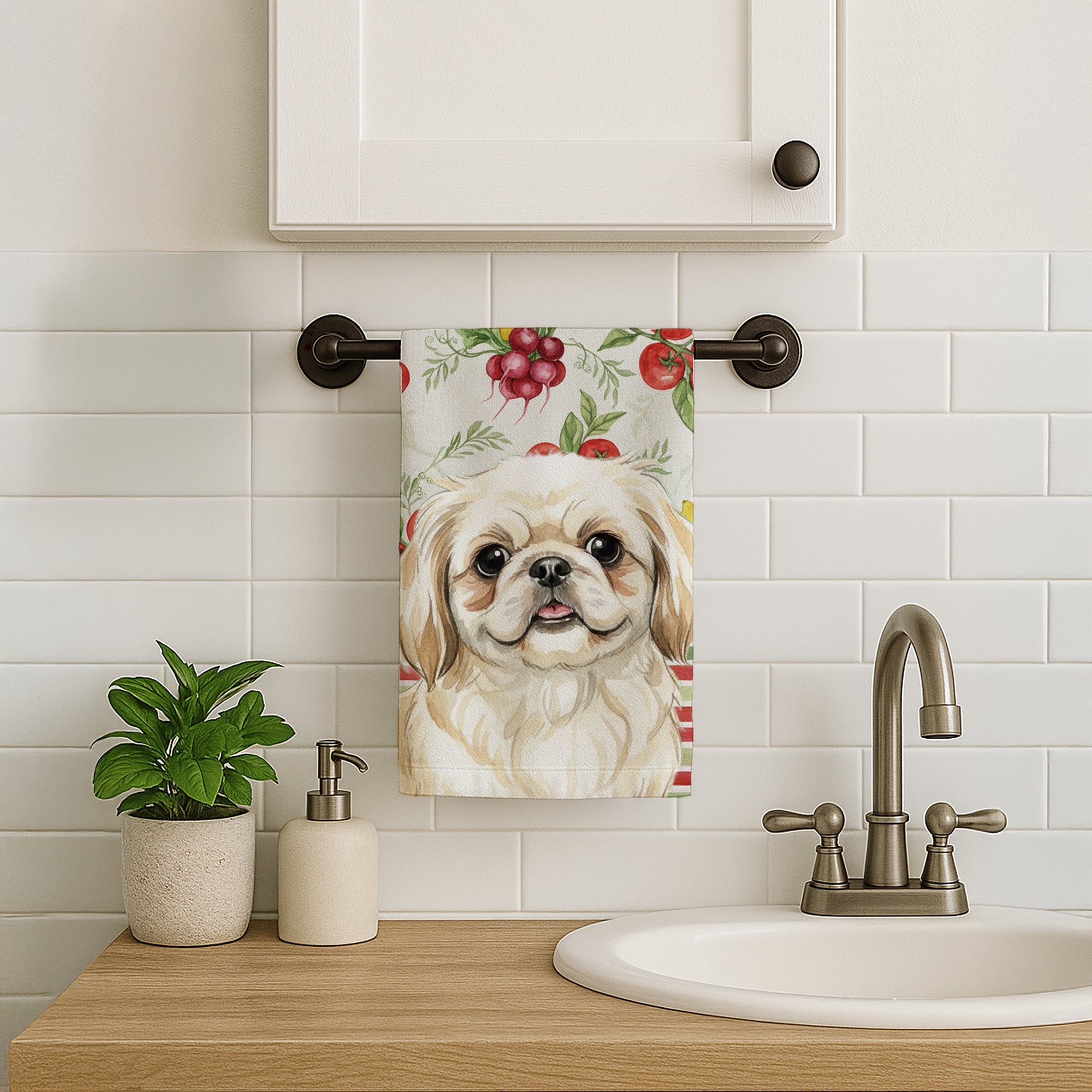 Cream Pekingese Vegetables Kitchen Towel Velour Plush Front and Cotton Loop Back Machine Washable