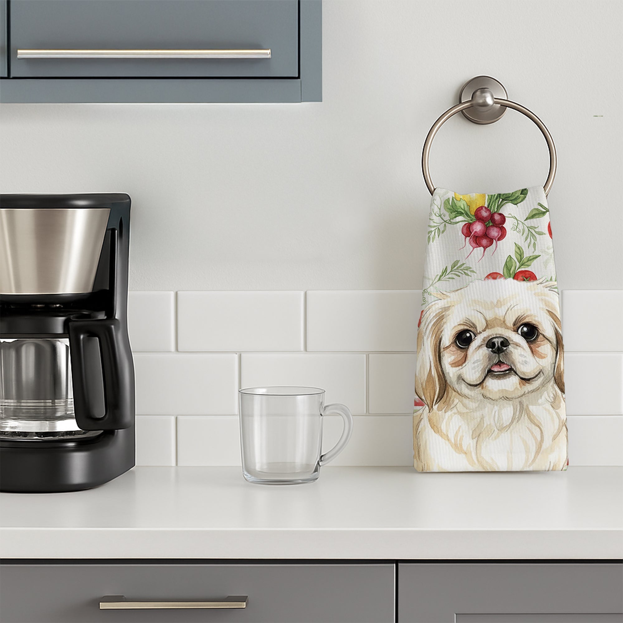 Cream Pekingese Vegetables Kitchen Towel Velour Plush Front and Cotton Loop Back Machine Washable