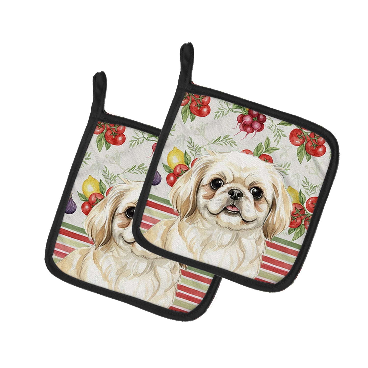 Cream Pekingese Vegetables Pot Holder Set of 2 Heat Resistant Quilted Hot Pads 7.5 x 7.5 Inch, Insulated Kitchen Trivets for Cooking & Baking