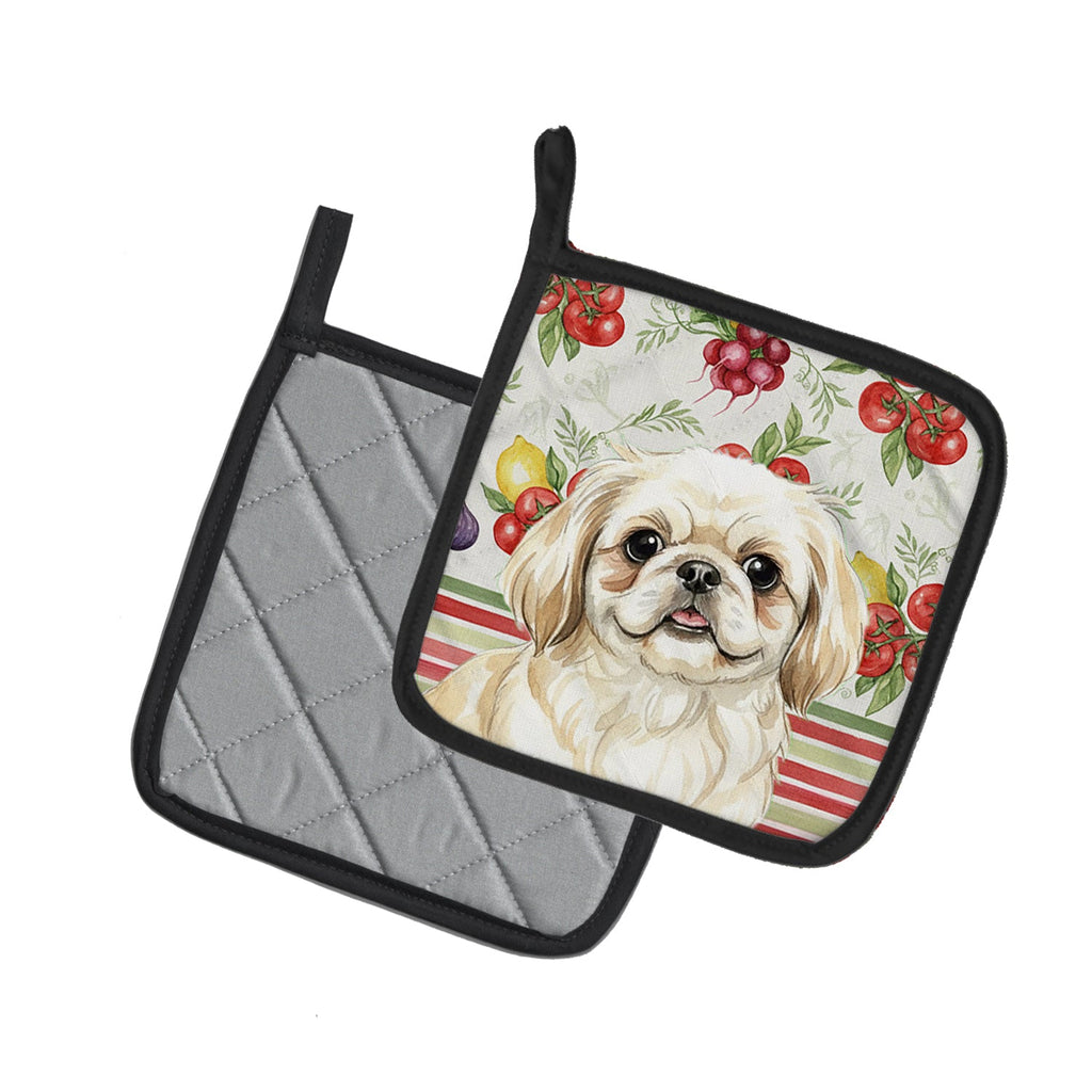 Cream Pekingese Vegetables Pot Holder Set of 2 Heat Resistant Quilted Hot Pads 7.5 x 7.5 Inch, Insulated Kitchen Trivets for Cooking & Baking