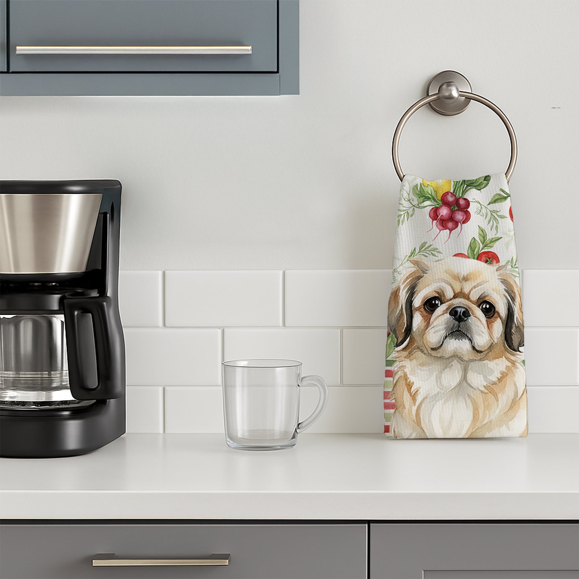Fawn Pekingese Vegetables Kitchen Towel Velour Plush Front and Cotton Loop Back Machine Washable