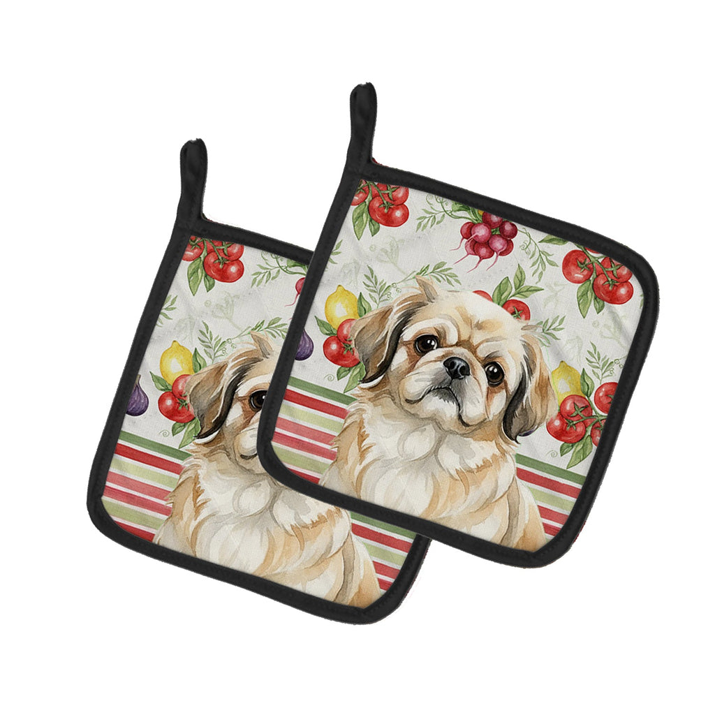 Fawn Pekingese Vegetables Pot Holder Set of 2 Heat Resistant Quilted Hot Pads 7.5 x 7.5 Inch, Insulated Kitchen Trivets for Cooking & Baking