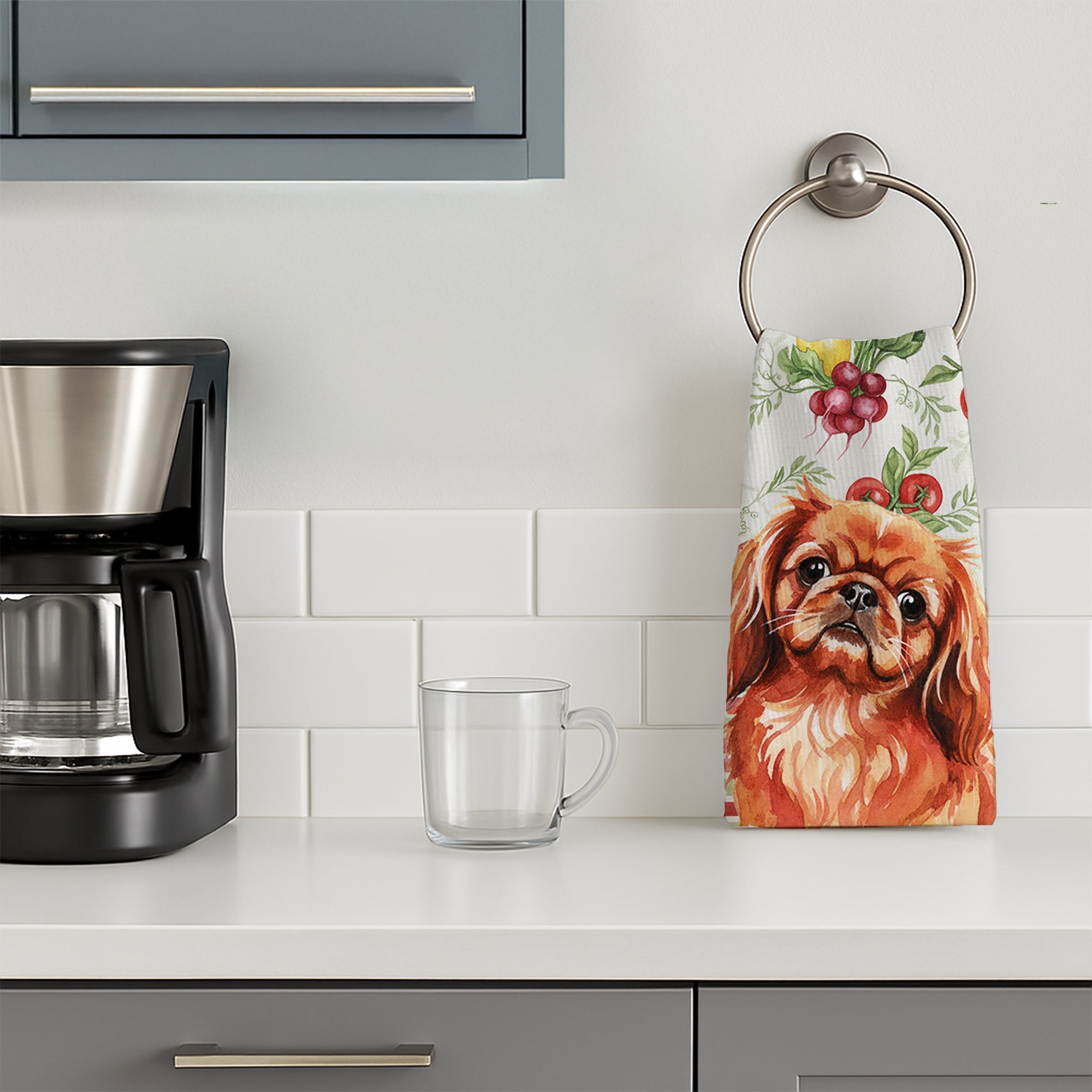 Red Pekingese Vegetables Kitchen Towel Velour Plush Front and Cotton Loop Back Machine Washable