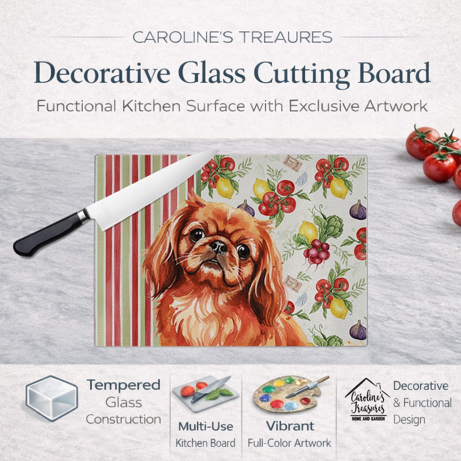 Red Pekingese Vegetables Cutting Board Tempered Glass Kitchen Cutting Surface, Heat Resistant Chopping, Non-Slip Feet, Food Prep & Serving