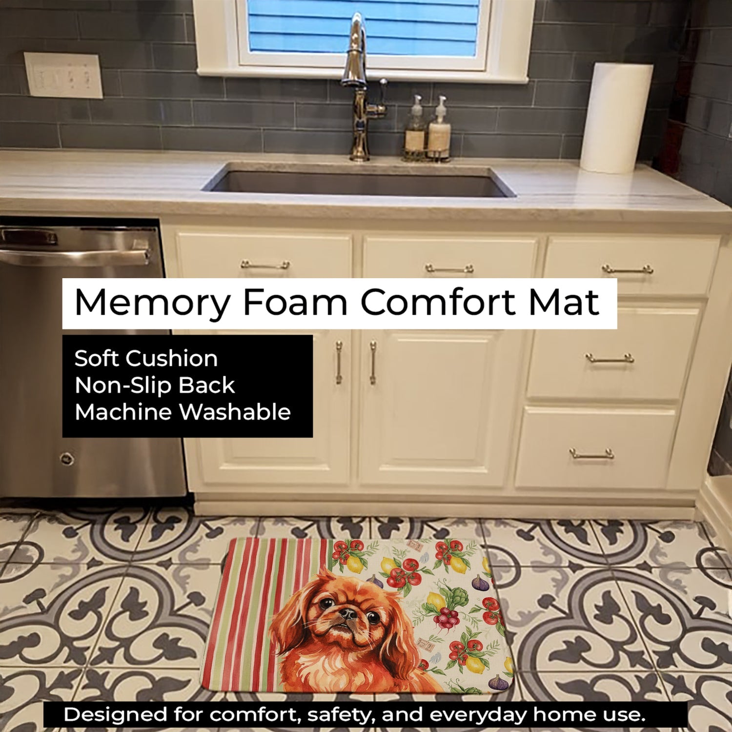 Red Pekingese Vegetables Memory Foam Kitchen Mat Machine Washable Anti-Fatigue Cushion Comfort Bath or Kitchen Rug