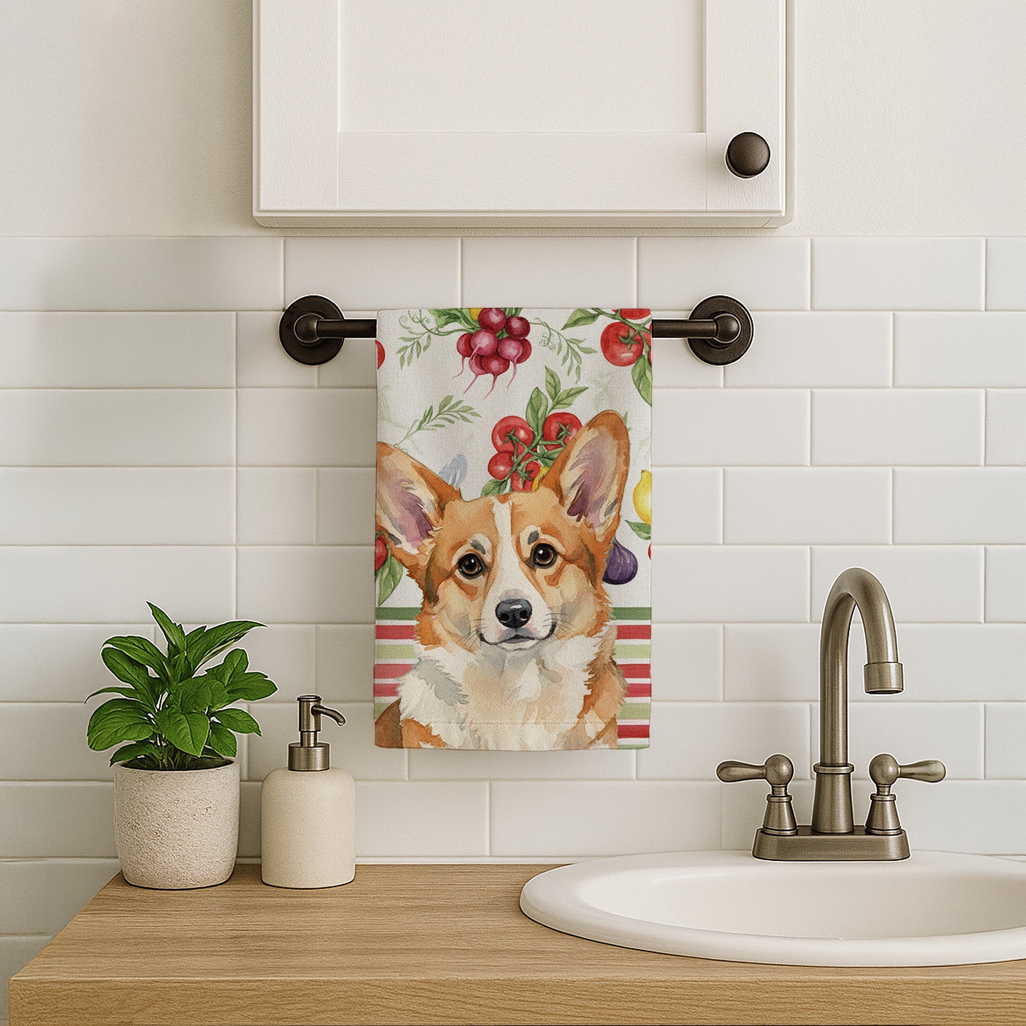 Corgi Vegetables Kitchen Towel Velour Plush Front and Cotton Loop Back Machine Washable