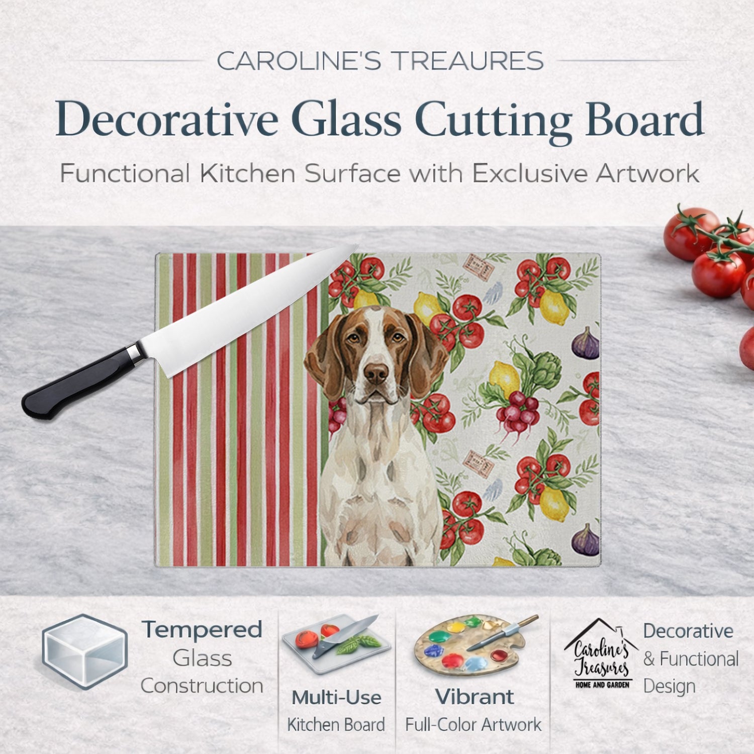 Liver and White Pointer Vegetables Cutting Board Tempered Glass Kitchen Cutting Surface, Heat Resistant Chopping, Non-Slip Feet, Food Prep & Serving