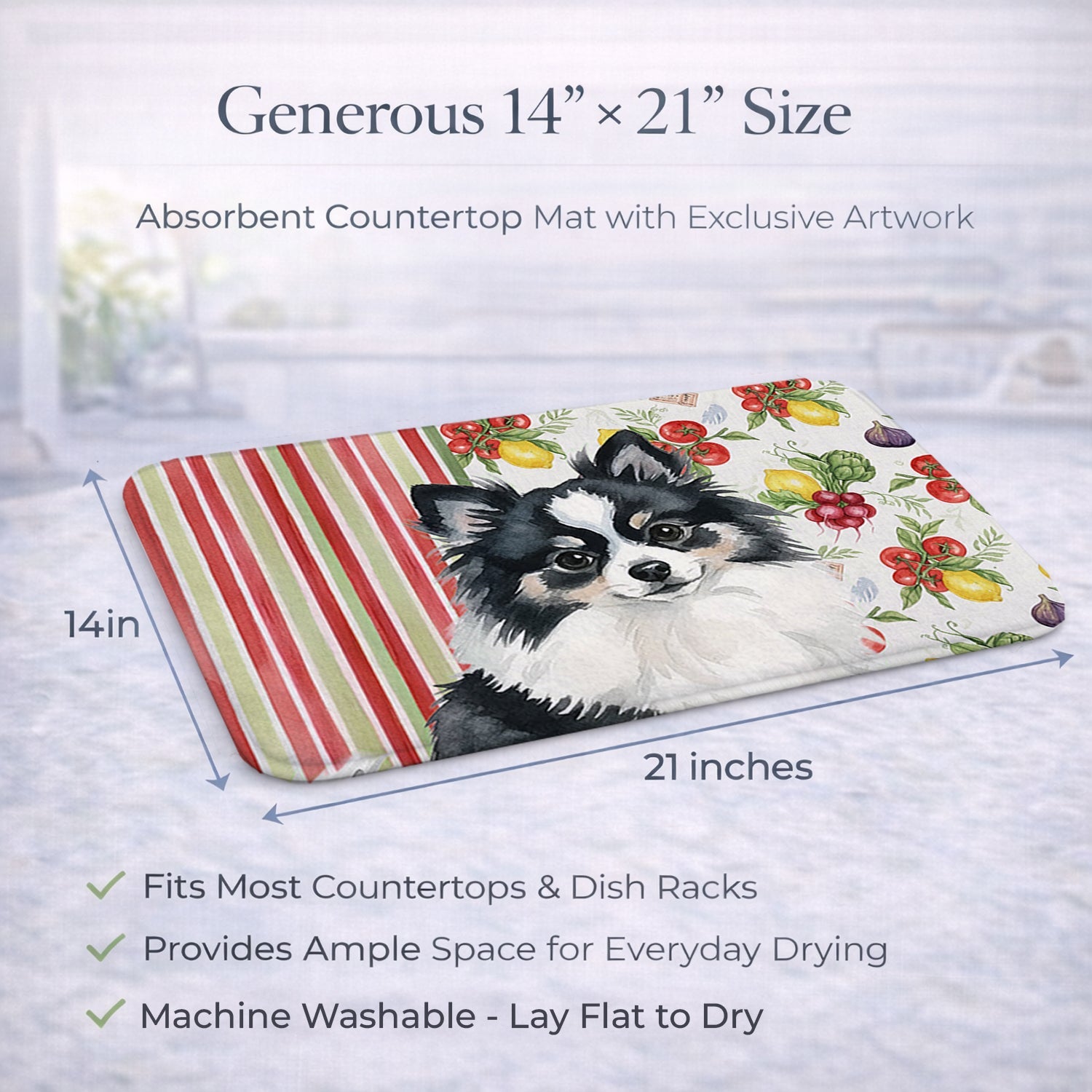 Black and White Pomeranian Vegetables Dish Drying Mat Absorbent Dish Drying Mat Pad for Kitchen Counter Dish Drainer Mat for Countertop, 14 x 21", Multicolor