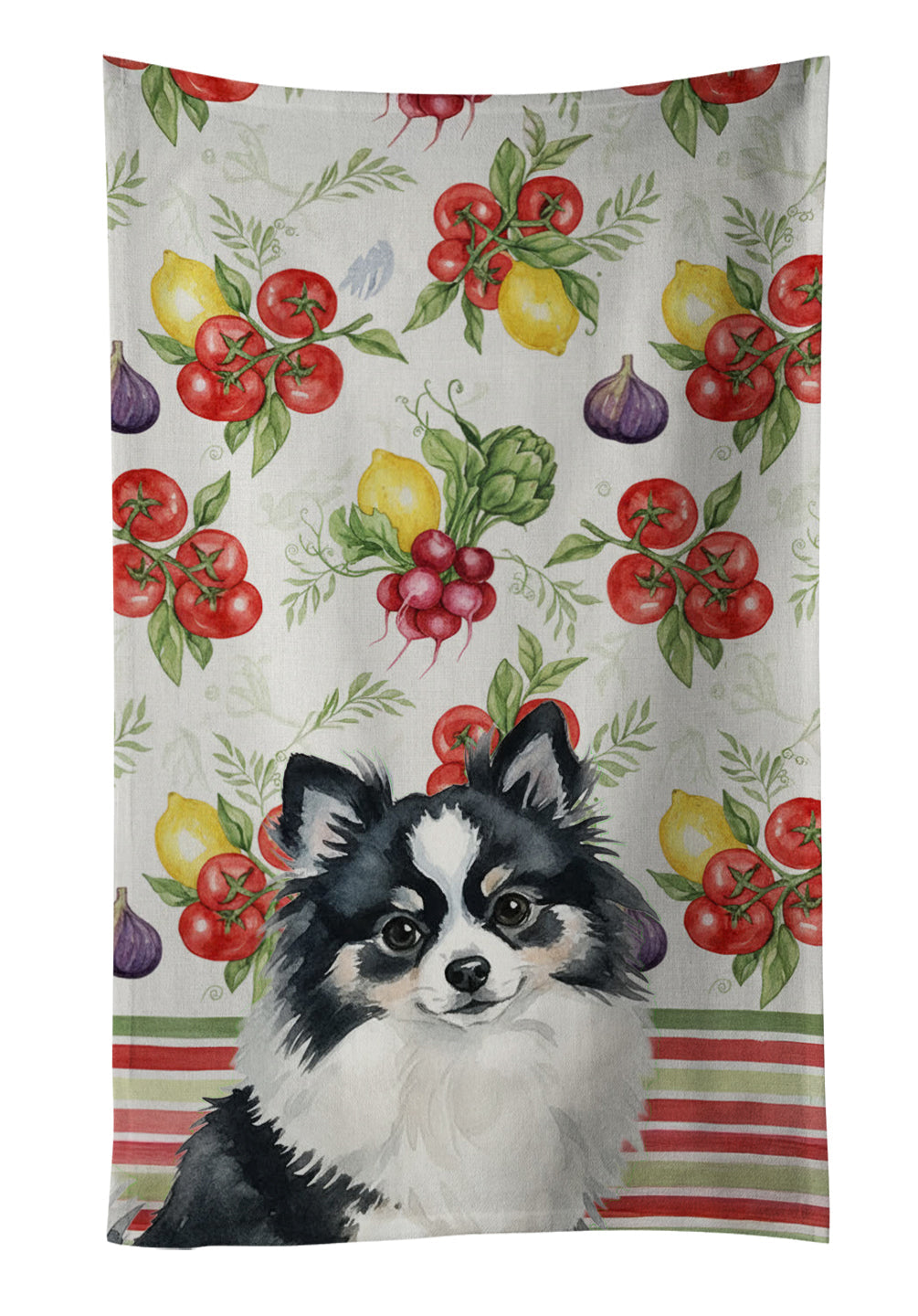 Black and White Pomeranian Vegetables Kitchen Towel Velour Plush Front and Cotton Loop Back Machine Washable