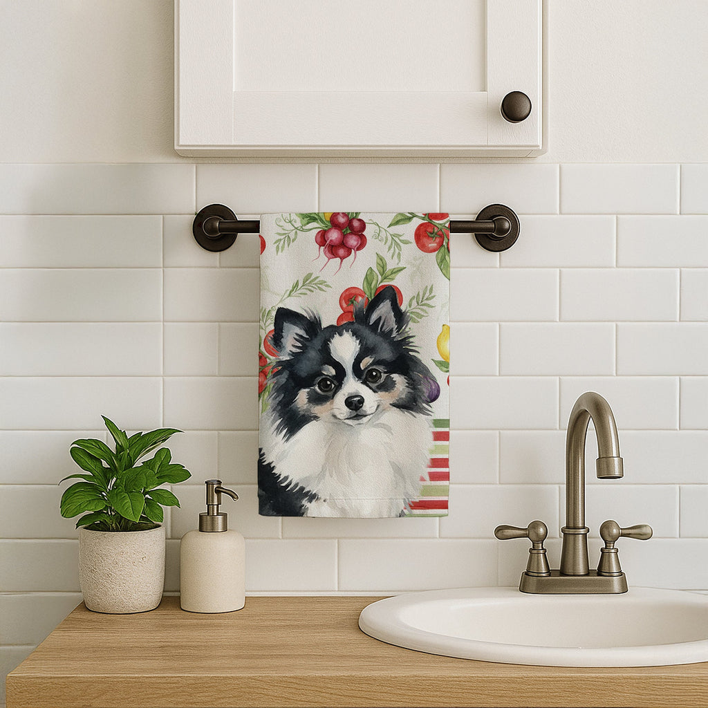 Black and White Pomeranian Vegetables Kitchen Towel Velour Plush Front and Cotton Loop Back Machine Washable