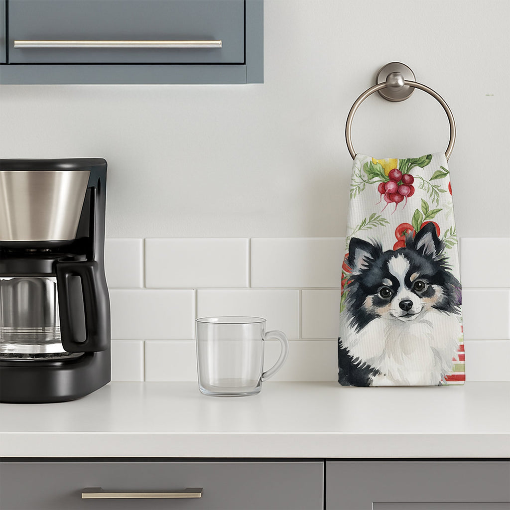 Black and White Pomeranian Vegetables Kitchen Towel Velour Plush Front and Cotton Loop Back Machine Washable