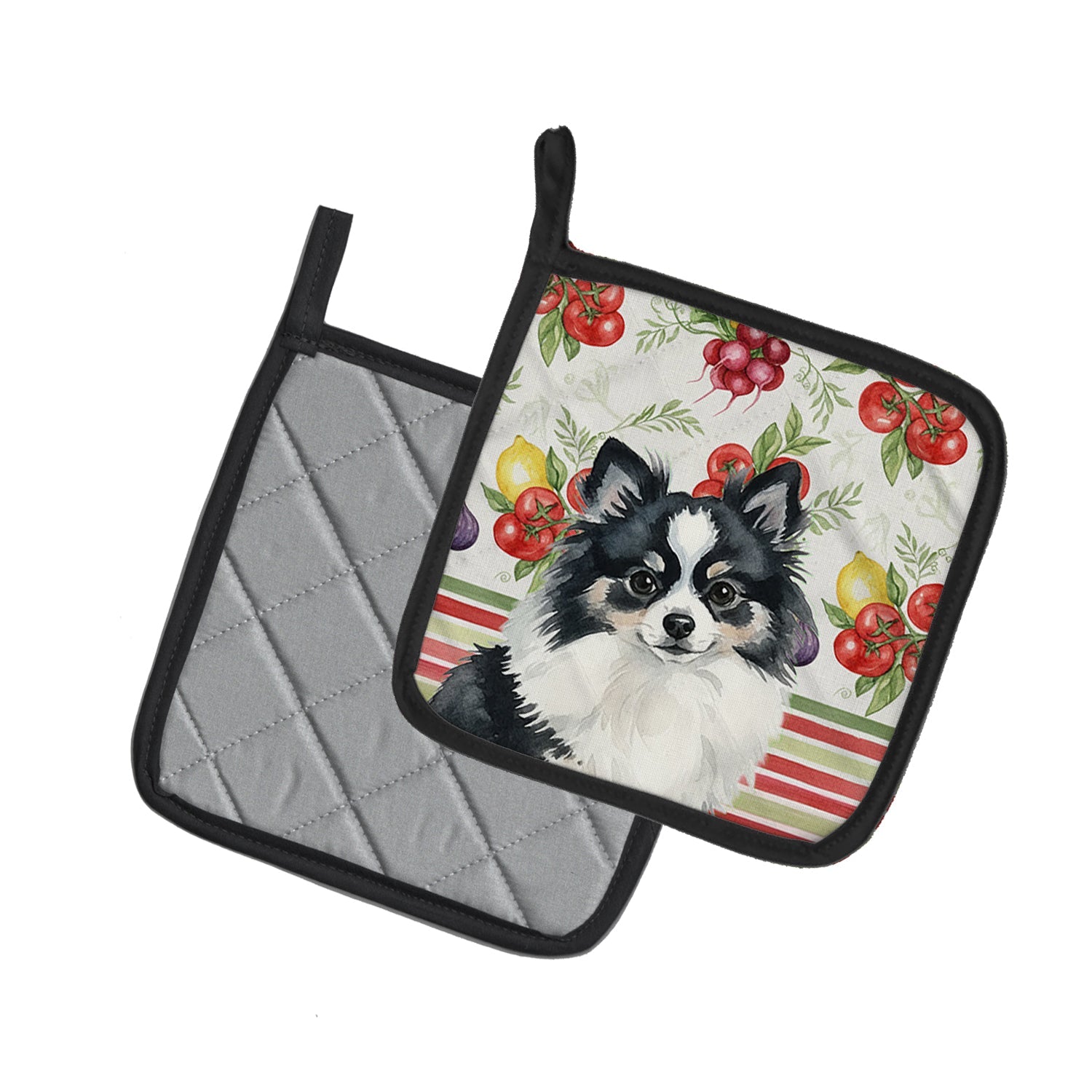 Black and White Pomeranian Vegetables Pot Holder Set of 2 Heat Resistant Quilted Hot Pads 7.5 x 7.5 Inch, Insulated Kitchen Trivets for Cooking & Baking