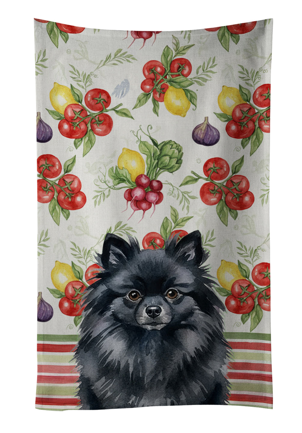 Black Pomeranian Vegetables Kitchen Towel Velour Plush Front and Cotton Loop Back Machine Washable