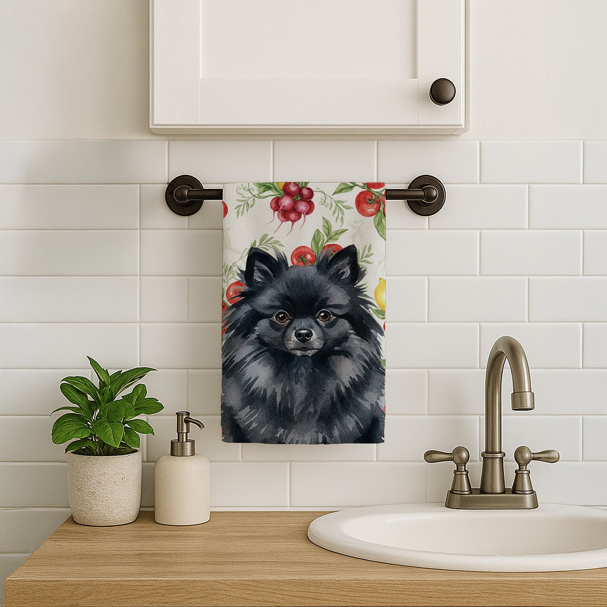 Black Pomeranian Vegetables Kitchen Towel Velour Plush Front and Cotton Loop Back Machine Washable