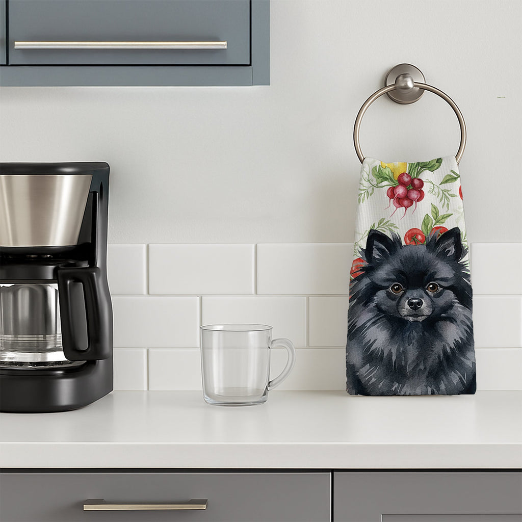 Black Pomeranian Vegetables Kitchen Towel Velour Plush Front and Cotton Loop Back Machine Washable