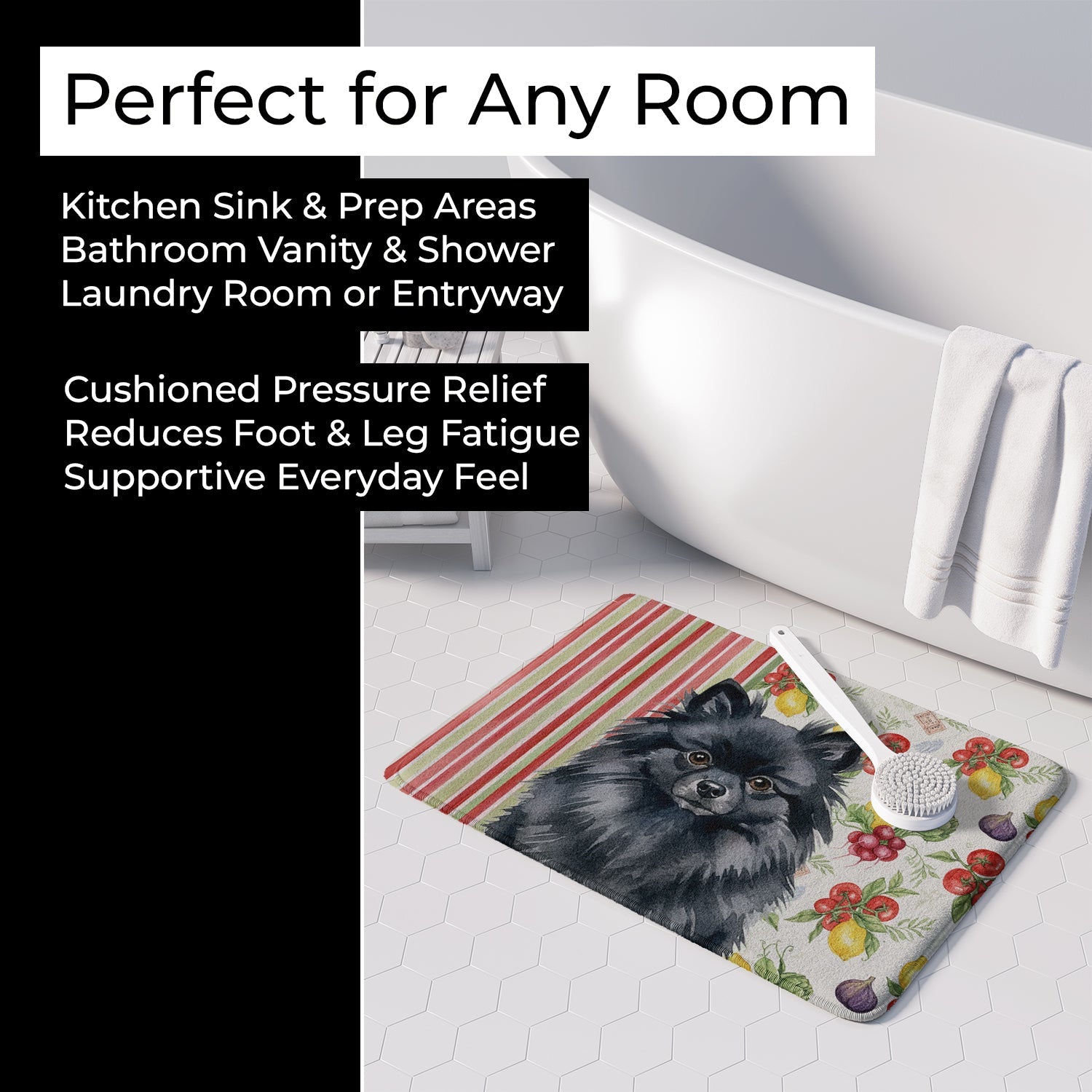 Black Pomeranian Vegetables Memory Foam Kitchen Mat Machine Washable Anti-Fatigue Cushion Comfort Bath or Kitchen Rug