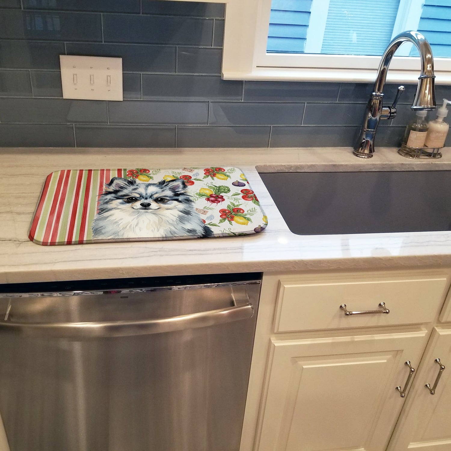 Blue Merle Pomeranian Vegetables Dish Drying Mat Absorbent Dish Drying Mat Pad for Kitchen Counter Dish Drainer Mat for Countertop, 14 x 21", Multicolor