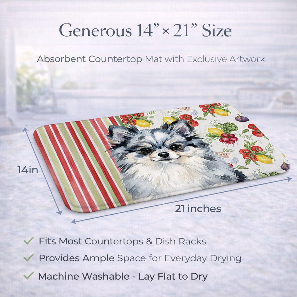 Blue Merle Pomeranian Vegetables Dish Drying Mat Absorbent Dish Drying Mat Pad for Kitchen Counter Dish Drainer Mat for Countertop, 14 x 21", Multicolor