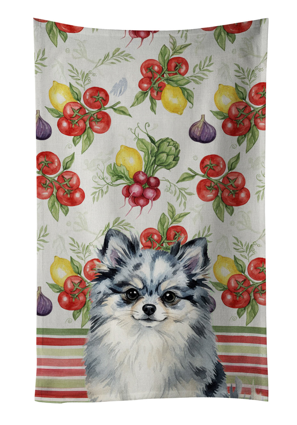 Blue Merle Pomeranian Vegetables Kitchen Towel Velour Plush Front and Cotton Loop Back Machine Washable