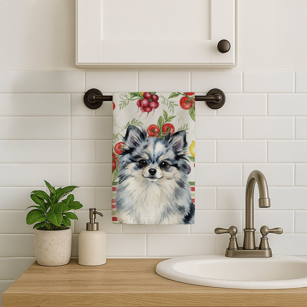 Blue Merle Pomeranian Vegetables Kitchen Towel Velour Plush Front and Cotton Loop Back Machine Washable
