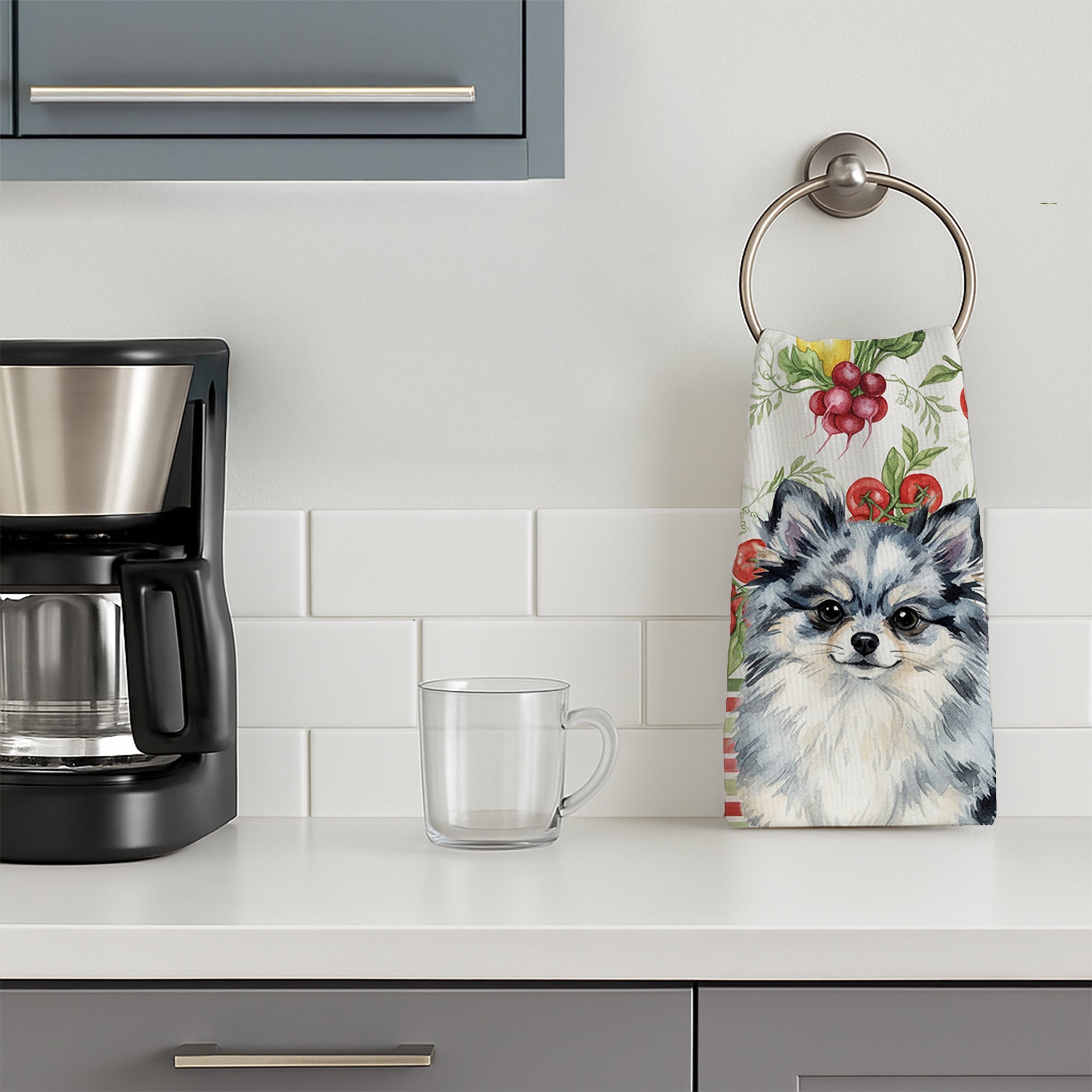 Blue Merle Pomeranian Vegetables Kitchen Towel Velour Plush Front and Cotton Loop Back Machine Washable