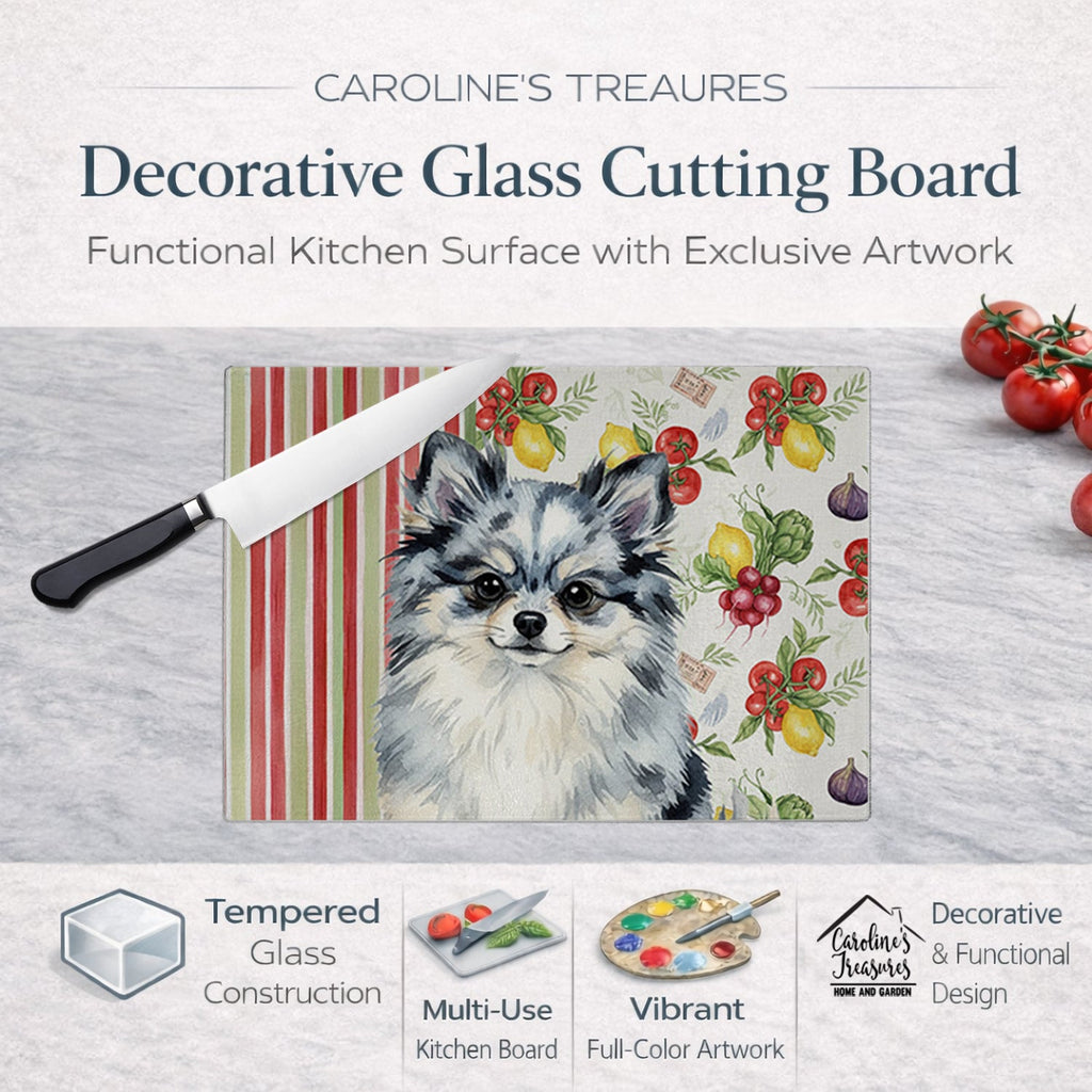 Blue Merle Pomeranian Vegetables Cutting Board Tempered Glass Kitchen Cutting Surface, Heat Resistant Chopping, Non-Slip Feet, Food Prep & Serving