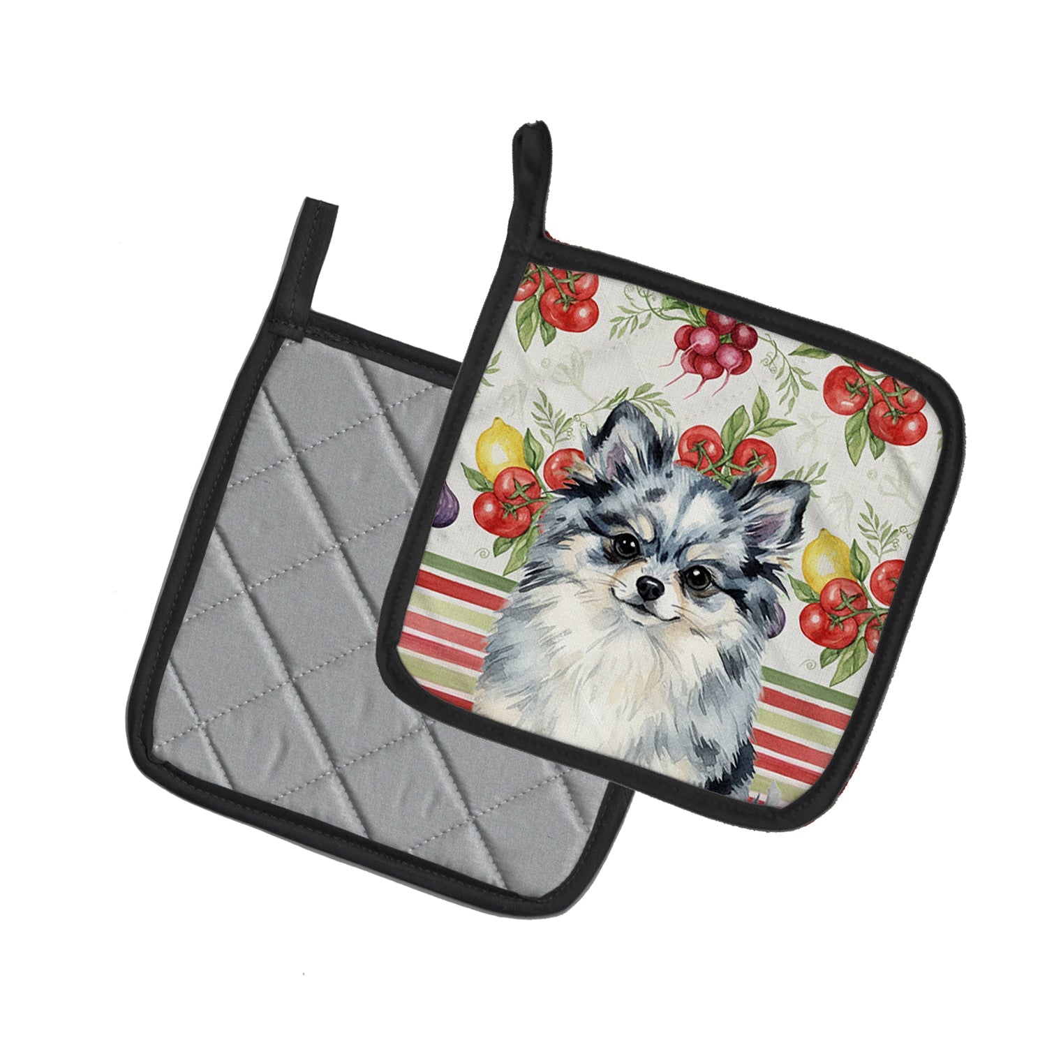 Blue Merle Pomeranian Vegetables Pot Holder Set of 2 Heat Resistant Quilted Hot Pads 7.5 x 7.5 Inch, Insulated Kitchen Trivets for Cooking & Baking